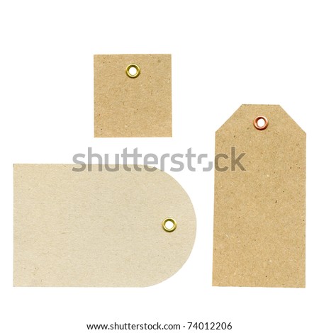 A set of three blank new brown rough paper tags, used for selling clothes etc., isolated on white background, highly detailed