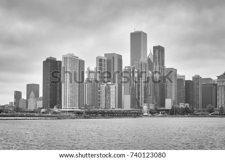 Black and white picture of Chicago waterfront, USA.