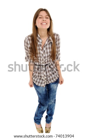 Comic young female smile against a white background