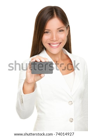 Woman showing business card smiling in white suit isolated on white background. Beautiful young professional Asian Caucasian businesswoman