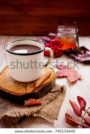 Hot chocolate with cinnamon stick on wooden surface in autumn colors