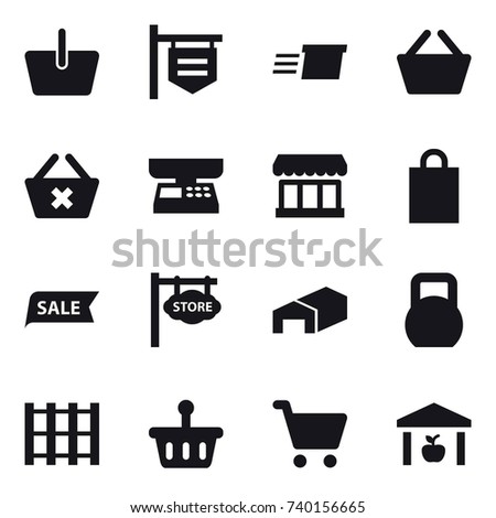16 vector icon set : basket, shop signboard, delivery, delete cart, market scales, market, shopping bag, sale, store signboard, warehouse
