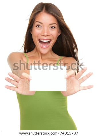 Gift card. Excited woman showing empty blank paper card sign with copy space for text. Gorgeous multi ethnic Chinese Asian / white Caucasian female model isolated on white background.