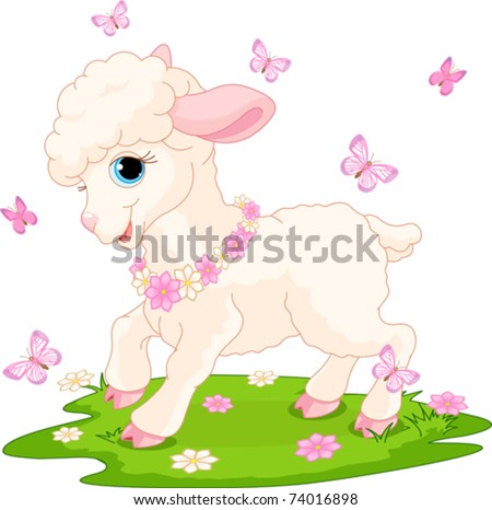 Spring background with Easter lamb and butterflies