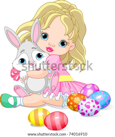 Cute little girl hugging Easter bunny