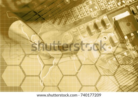 Business background in sepia with map, electronic device and pen.
