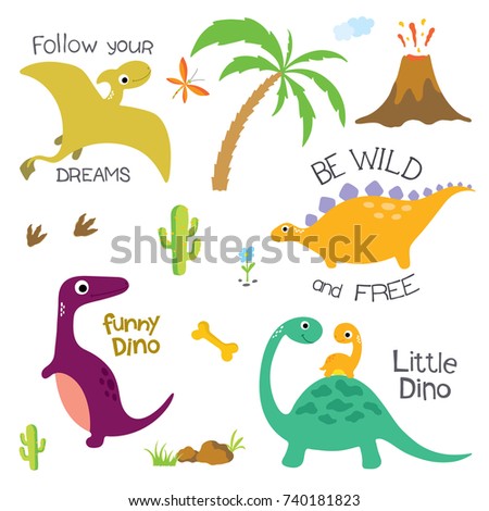 Cute vector dinosaurs isolated on white background. Dinosaur footprint, Volcano, Palm tree, Stones, Bone and Cactus.