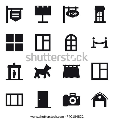 16 vector icon set : shop signboard, billboard, building, window, arch window, vip fence, detector, dog, curtain, door, barn