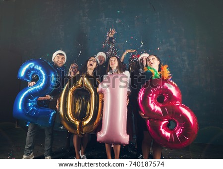 New 2018 Year is coming! Christmas party. Happy smiling people holding number balloons, 2018 year symbol. Greeting card for co-workers mockup .