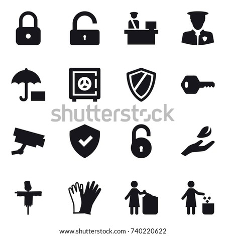 16 vector icon set : lock, unlock, safe, shield, key, hand leaf, scarecrow, gloves, garbage bin