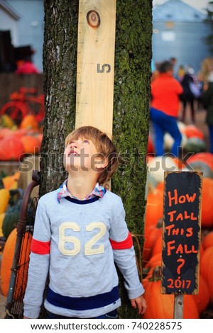 Caucasian boy standing against a tree with measuring board looking up. He is over 4 feet tall. Wearing grey long sleeve shirt. 