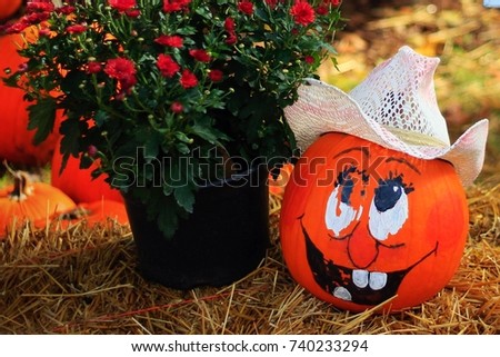 A painted pumpkin with a straw cowboy hat, with a face next to a bouquet of mum flowers. thanksgiving or Halloween 