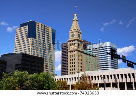 Tall buildings in Downtown Detroit against blue sky