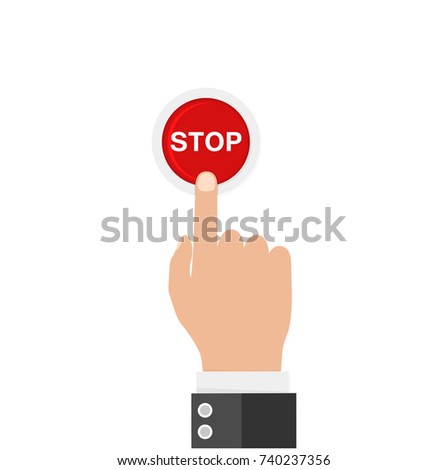 Hand finger pressing of red button STOP. Vector illustration. Touch concept