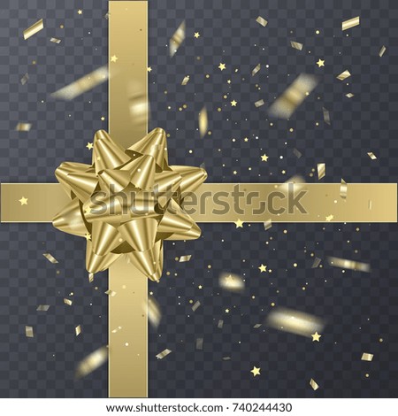 Gold gift Ribbon With realistic Bow. Gift Element For Card Design. Holiday Background, Vector Illustration