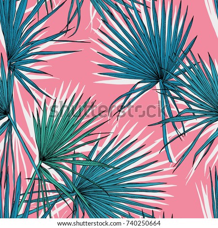 Seamless pattern with image of a green Fan palm leaves on a pink background. Vector illustration. Royalty-Free Stock Photo #740250664