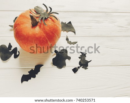 halloween. happy halloween concept. pumpkin with witch ghost bats and spider black decorations on white wooden background top view with space for text. cutouts for autumn holiday celebration