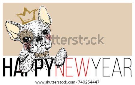 Cute dog illustration with crown. Happy chinese new year greeting card concept. French bulldog puppy in watercolor style  isolated on white background