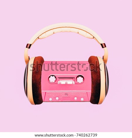 Contemporary art collage. Retro Lover. Audio cassette and headphones Minimal fashion 
 Flat lay art