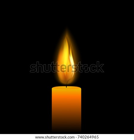 eps 10 vector burning candle isolated on black background. Realistic hand drawn wax candle with burning flame in dark. Editable poster, banner, brochure for web, print. Graphic clip art illustration