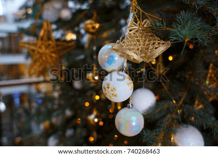 Beautiful Christmas decorations on the branches of fir tree. New Year, Christmas,celebration concept