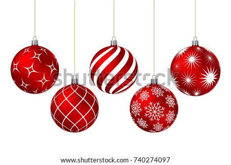 Red christmas balls with different patterns on white. Vector illustration. Royalty-Free Stock Photo #740274097