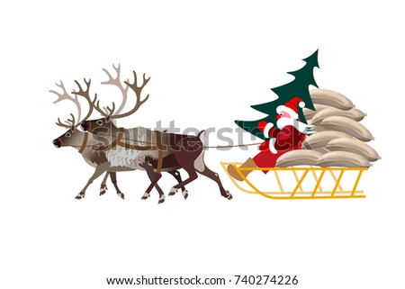 Santa in his christmas sled being pulled by reindeer. Vector illustration
