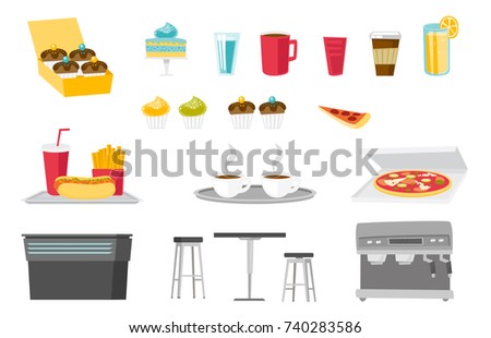 Food and drinks illustrations set. Collection of cupcake, glass of water and juice, cup of tea and coffee, soda, fast food, coffee-machine. Vector cartoon illustrations isolated on white background.