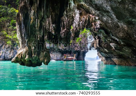 Amazing view of lagoon in Koh Hong island from kayak. Location: Koh Hong island, Krabi, Thailand, Andaman Sea. Artistic picture. Beauty world Royalty-Free Stock Photo #740293555