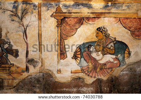 beautiful and colorful 10th century fresco paintings in temple wall