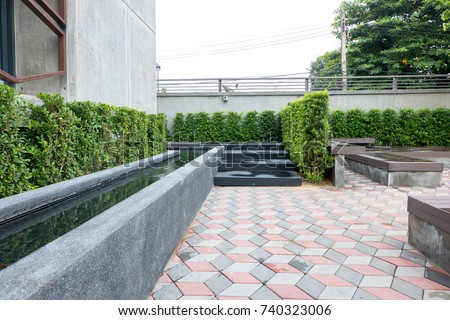 Pond modern in the garden landscape and Shrub screen wall concrete