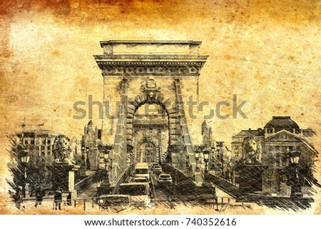 Vintage view of the famous "Chain bridge" in Budapest with a rusty  effect (Hungary, Europe).