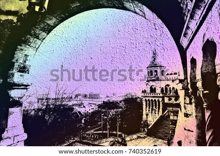 Cityscape of Budapest with a wall texture effect (the Pearl of Danube).
