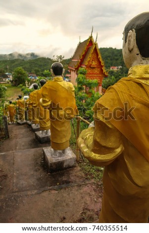 Statue of monks on the mountain cover by nature. 
