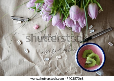 Good morning wish with pink tulips and breakfast