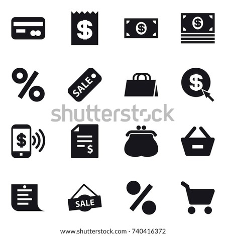 16 vector icon set : card, receipt, money, percent, sale, shopping bag, dollar arrow, phone pay, account balance, purse, remove from basket, shopping list, cart