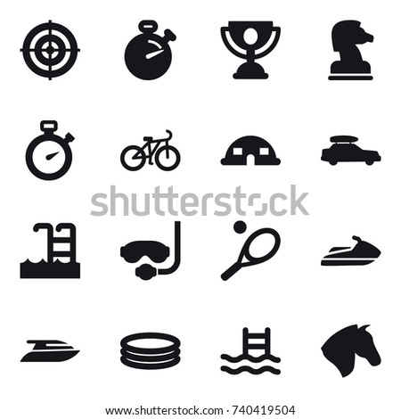 16 vector icon set : target, stopwatch, trophy, chess horse, bike, dome house, car baggage, pool, diving mask, tennis, jet ski, yacht, inflatable pool, horse