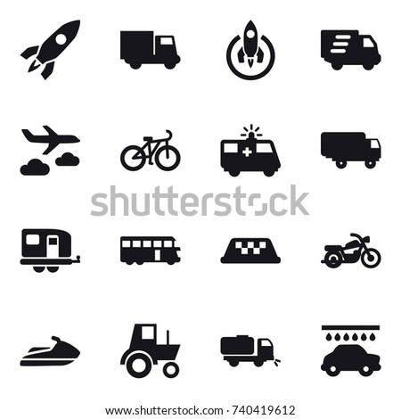16 vector icon set : rocket, truck, delivery, journey, bike, trailer, bus, taxi, motorcycle, jet ski, tractor, sweeper, car wash