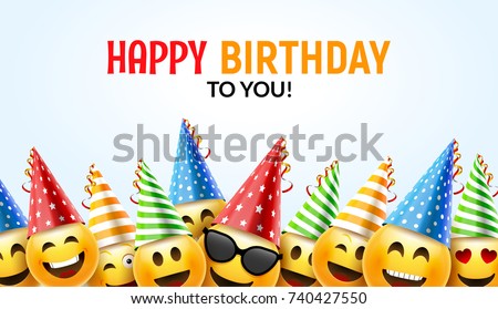 Birthday happy smile greeting card. Vector birthday background 3d colorful banner character funny face design Royalty-Free Stock Photo #740427550