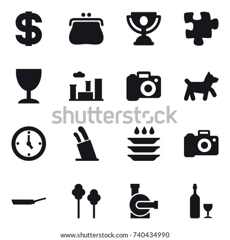 16 vector icon set : dollar, purse, trophy, puzzle, wineglass, city, camera, dog, watch, stands for knives, plate washing, pan, trees, water pump, wine