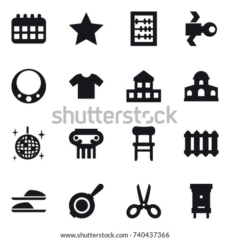 16 vector icon set : calendar, star, abacus, satellite, necklace, t-shirt, cottage, mansion, disco ball, antique column, chair, radiator, slippers, pan, scissors, hive