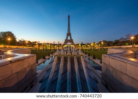 View of Paris and Eiffel tower before sunrise in Paris, France.