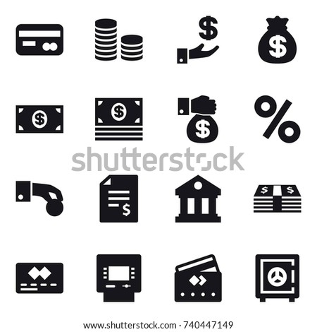 16 vector icon set : card, coin stack, investment, money bag, money, money gift, percent, hand coin, account balance, library, atm, credit card, safe
