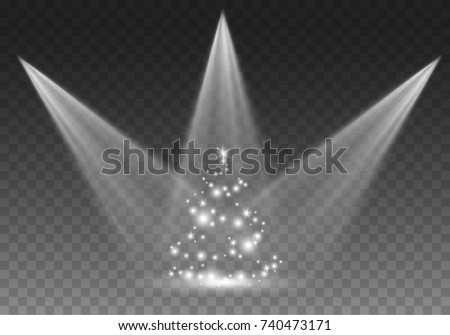 Projector lights effect and glitter particles isolated on transparent background. Vector glow white sparkles Christmas tree. Spotlight beams with star sparks for Holiday New Year card design. 