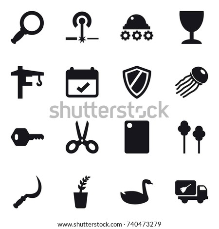 16 vector icon set : magnifier, laser, lunar rover, wineglass, tower crane, shield, jellyfish, key, scissors, cutting board, trees, sickle, seedling, goose, home call cleaning