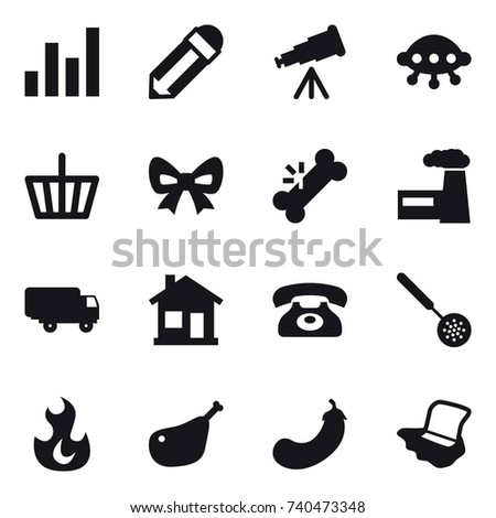 16 vector icon set : graph, pencil, telescope, ufo, basket, bow, factory, home, phone, skimmer, eggplant, floor washing