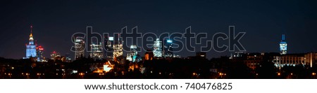 Night panorama of Warsaw city. Wide panoramic view of skyscrapers in Warsaw.