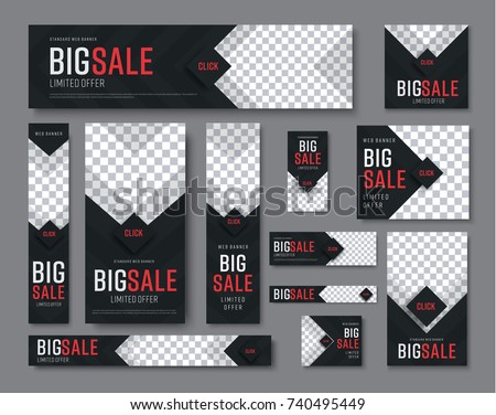 set of vector  black web banners of standard sizes for sale with a place for photos. Vertical and horizontal templates with arrows and a diamond-shaped button. Royalty-Free Stock Photo #740495449