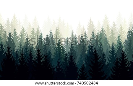 Vector landscape with silhouettes of green coniferous trees in the mist Royalty-Free Stock Photo #740502484