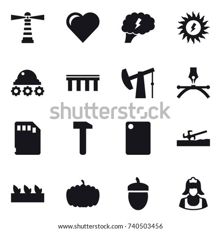 16 vector icon set : lighthouse, heart, brain, sun power, lunar rover, bridge, cutting board, soil cutter, seedling, pumpkin, acorn, cleaner